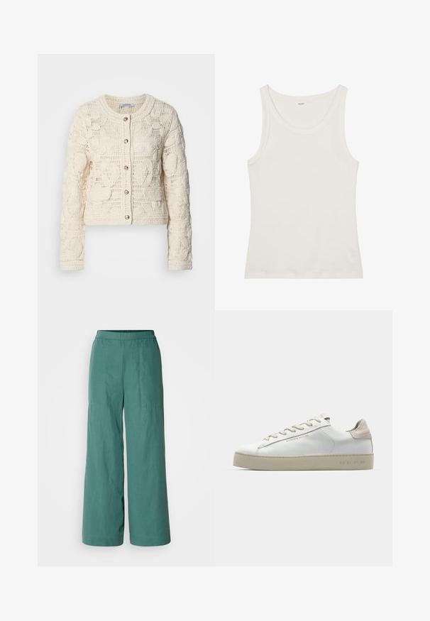 Kvačkana jakna v kremni barvi s cvetličnimi vzorci, okroglim izrezom, dolgimi rokavi in gumbnim zapiranjem, ki vključuje okrasne okrogle gumbe.; Bela bombažna majica brez rokavov z širokim izrezom in tankimi naramnicami. Gladka tekstura brez vidnih vzorcev ali okraskov.; Široke hlače v enotni teal barvi z elastiko v pasu in lahkotnim, teksturiranim materialom. Primerne za vsakodnevno nošenje.; Bela usnjena športna obutev z gladko površino, bež semiš detajli, okroglo prst, ravna vezna zasnova in teksturiran gumijast podplat.
