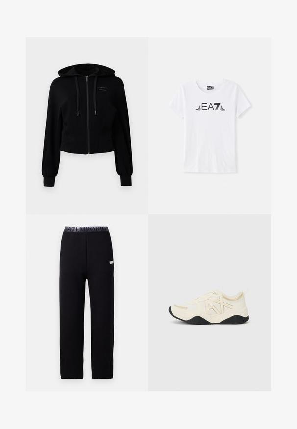 Hoodie preto de fecho éclair moderno, feito de tecido suave, com capuz, design ligeiramente curto e punhos canelados com detalhe do logótipo.; T-shirt de algodão branca com decote redondo e mangas curtas. Apresenta um logótipo EA7 preto e detalhes listrados no design.; Calças de jogging pretas com uma textura suave e elegante, apresentando uma cintura elástica com um logótipo e um detalhe de destaque lateral. Design de perna reta.; Tenis brancos com um upper texturizado, detalhes em dourado e design de logótipo. Apresenta uma sola preta e fecho de atacadores para um ajuste seguro.