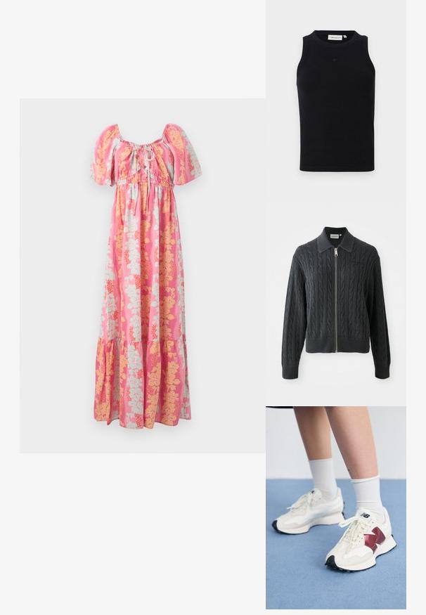 Gilet zippé gris foncé avec un motif en maille torsadée, un col et des poignets et un ourlet côtelés. Il dispose d'une fermeture éclair argentée.; Robe maxi rose avec des manches bouffantes, un décolleté avec lien à l'avant, et un motif floral jaune et bleu clair.; Débardeur noir sans manches en tissu côtelé, avec un col rond et un petit logo à l'avant. Design simple et ajusté.; Une paire de baskets blanches avec des accents bordeaux, des panneaux texturés, une semelle noire plate et des lacets légers, portées avec des chaussettes blanches mi-mollet.