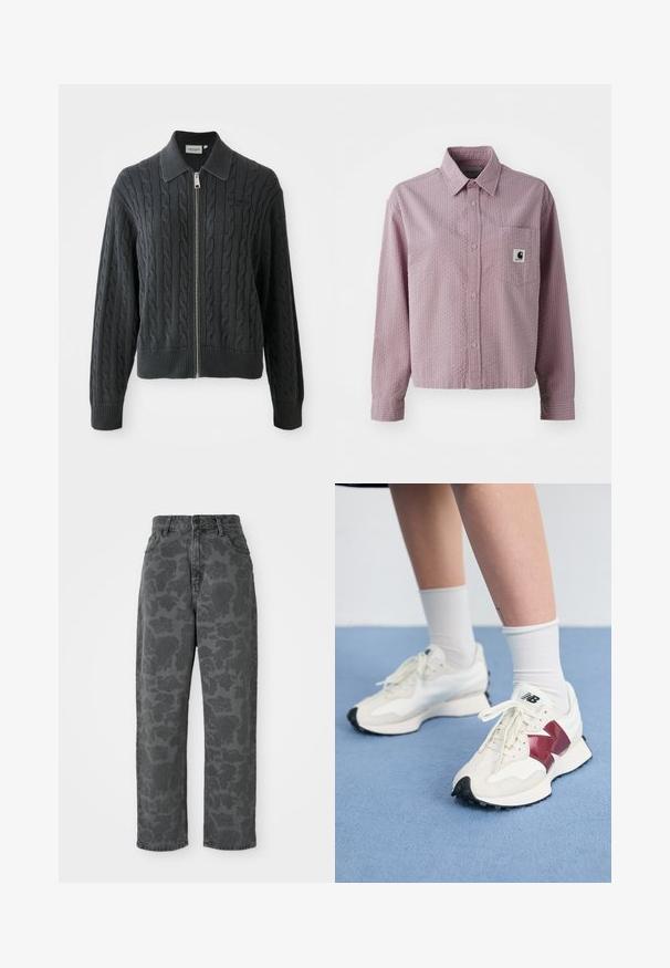 Dark gray zip-up sweater with a cable knit pattern, collared design, and ribbed cuffs and hem. Features a silver zipper closure.; Light pink button-up shirt with a textured pattern, long sleeves, a chest pocket, and a small logo tag on the pocket.; Gray denim jeans with a floral pattern, high waist, straight-leg cut, and classic five-pocket design. Durable fabric with a slight texture.; Pair of white sneakers with maroon accents, textured panels, flat black outsole, and light laces, worn with white ankle socks.