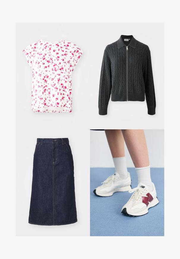 Gilet zippé gris foncé avec un motif en maille torsadée, un col et des poignets et un ourlet côtelés. Il dispose d'une fermeture éclair argentée.; Haut blanc avec un motif floral dans des tons de rose, manches courtes en dolman, et une coupe décontractée avec un col rond. Détail de tissu texturé.; Jupe en denim foncé à taille haute, coupe droite, poches avant et coutures surpiquées. Fermeture à glissière et bouton à la taille.; Une paire de baskets blanches avec des accents bordeaux, des panneaux texturés, une semelle noire plate et des lacets légers, portées avec des chaussettes blanches mi-mollet.