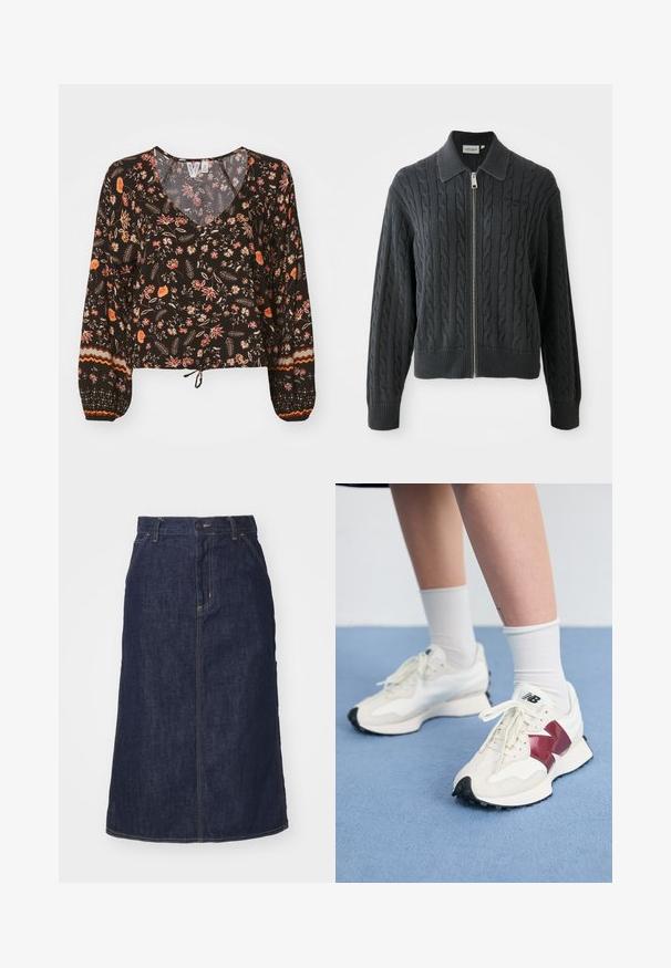 Sötét szürke cipzáros pulóver, gabalyos kötésmintával, galléros kivitelben, bordázott mandzsetta- és alsó szegéllyel. Ezüst cipzáras záródással rendelkezik.; Fekete virágmintás blúz V-nyakkal, hosszú, bő ujjakkal és ráncolt mandzsettával. Színes mintákkal rendelkezik, és megkötős alsó része van, amely cropped megjelenést kölcsönöz.; Sötét farmer szoknya magas derékkal, egyenes szabással, elülső zsebekkel és varrott varrásokkal. A deréknál cipzáros és gombos záródással rendelkezik.; Fehér sneaker pár, bordó kiegészítőkkel, texturált panelekkel, lapos fekete talppal és világos fűzőkkel, fehér bokazoknival viselve.