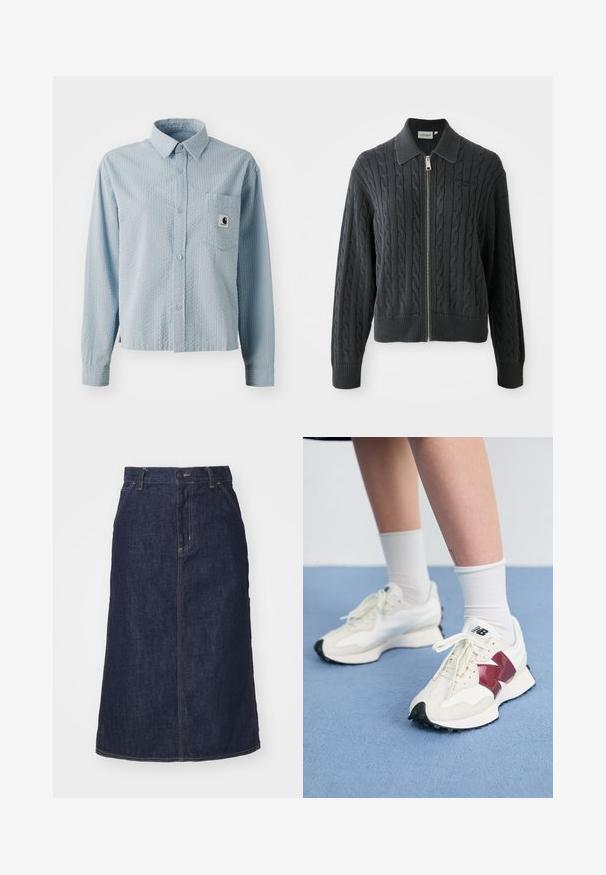 Pulover cu fermoar de culoare gri închis, cu un model tricotat în cablu, design cu guler și manșete și tiv cusut în fibră. Include o închidere cu fermoar argintiu.; Cămașă albastru deschis, cu mâneci lungi și nasturi, cu un model texturat, o buzunar pe piept și o etichetă de marcă pe buzunar. Realizată dintr-un material țesut.; Fustă din denim închis, cu talie înaltă, croi drept, buzunare frontale și cusături. Include un fermoar și un nasture la talie.; O pereche de adidași albi cu accente vișinii, panouri texturate, talpă neagră plată și șireturi ușoare, purtați cu șosete albe până la gleznă.