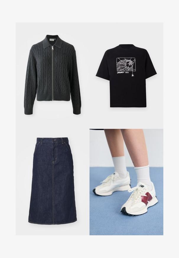 Mörkgrå zip-up tröja med ett kabelstickat mönster, krage och ribbade ärmslut och nederkant. Har en silverfärgad dragkedja.; Svart t-shirt i bomull med korta ärmar. Har en vit spindelnätgrafik och logotyp på framsidan. Enkel rundad halsringning.; Mörk denimkjol med hög midja, rak passform, framfickor och stickade sömmar. Har en dragkedja och knäppning i midjan.; Ett par vita sneakers med vinröda detaljer, texturerade paneler, platt svart sula och ljusa snören, bärs med vita ankelsockor.