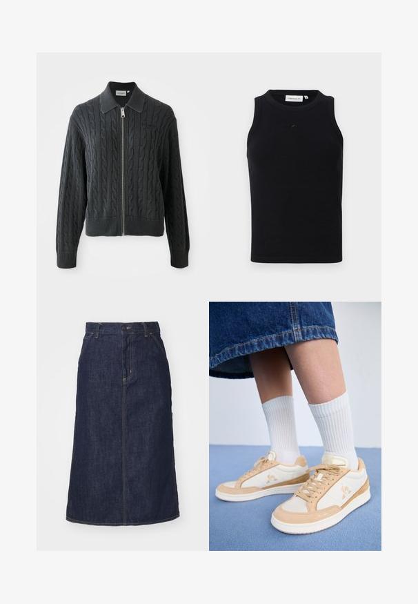 Mørkegrå hettejakke med glidelås og kabelstrikk mønster, krage-design og ribbede mansjetter og kant. Har en sølv glidelås lukking.; Svart ermeløs tanktop laget av ribbestrikket stoff, med rund hals og en liten logo på fronten. Enkel, tettsittende design.; Mørk denimskjørt med høy midje, rett snitt, frontlommer og sømmer. Har glidelås og knappeåpning i midjen.; Sneakers med en beige og kremfargeordning, laget av semsket skinn og lær. Designet inkluderer en logo på siden og snørebånd.