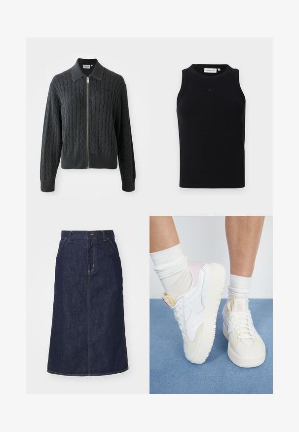 Sudadera con cremallera de color gris oscuro, con un patrón de punto de cable, diseño con cuello y puños y dobladillo acanalados. Presenta un cierre de cremallera plateada.; Camiseta sin mangas negra hecha de tela acanalada, con un cuello redondo y un pequeño logotipo en la parte delantera. Diseño simple y ajustado.; Falda de mezclilla oscura con cintura alta, corte recto, bolsillos delanteros y costuras cosidas. Presenta un cierre de cremallera y botón en la cintura.; Zapatillas blancas con suela gruesa, que presentan acentos en rosa pastel y amarillo, fabricadas con cuero suave y materiales sintéticos, y con cierres de cordones.