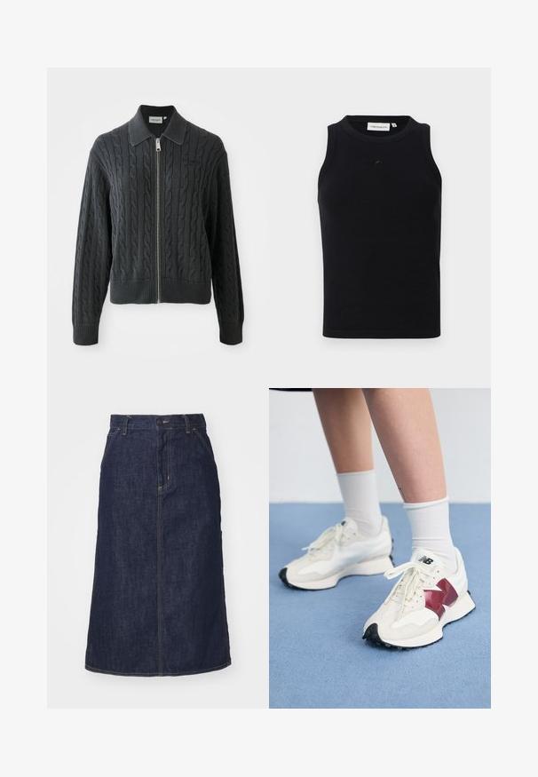 Mørkegrå hettejakke med glidelås og kabelstrikk mønster, krage-design og ribbede mansjetter og kant. Har en sølv glidelås lukking.; Svart ermeløs tanktop laget av ribbestrikket stoff, med rund hals og en liten logo på fronten. Enkel, tettsittende design.; Mørk denimskjørt med høy midje, rett snitt, frontlommer og sømmer. Har glidelås og knappeåpning i midjen.; Par med hvite joggesko med bordeaux detaljer, teksturerte paneler, flat svart yttersåle og lette snøringer, iført hvite ankelstrømper.