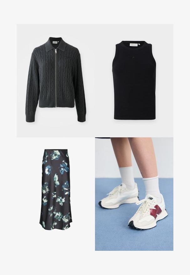 Donkergrijze ritssweater met een kabelpatroon, kraagontwerp en gebreide manchetten en zoom. Voorzien van een zilveren ritssluiting.; Zwarte mouwloze tanktop van ribstof, met een ronde halslijn en een klein logo aan de voorkant. Eenvoudig, nauwsluitend ontwerp.; Donker midi-rok met abstracte blauw-witte bloemenpatronen, een zachte stof en een lichte uitloop aan de onderkant.; Een paar witte sneakers met bordeauxrode accenten, getextureerde panelen, een platte zwarte buitenzool en lichte veters, gedragen met witte enkelsokken.