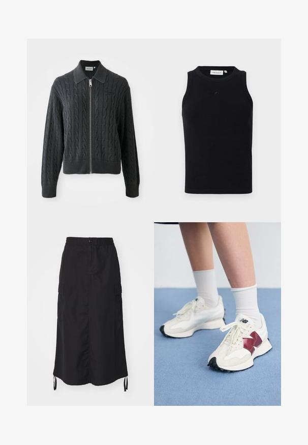 Tummanharmaa vetoketjullinen neulepaita, jossa on sekoituspuuvillasta ja akryylista valmistettu letitetty kuvio, kauluksellinen muotoilu sekä resorit hihoissa ja helmassa. Varustettu hopeanvärisellä vetoketjulla.; Mustapaitainen hihaton toppi, joka on valmistettu ribbikankaasta, jossa on pyöreä kaula-aukko ja pieni logo edessä. Yksinkertainen, vartalonmyötäinen muotoilu.; Musta puolipitkä hame, joka on valmistettu kevyestä kankaasta. Ominaisuuksiin kuuluu joustava vyötärö, nappisulku ja sivutaskut naru-aksentilla.; Pari valkoisia tennareita, joissa on maroon-väriset yksityiskohdat, teksturoituja paneleita, litteä musta pohja ja vaaleat nauhat, käytettyinä valkoisten nilkkasukkien kanssa.