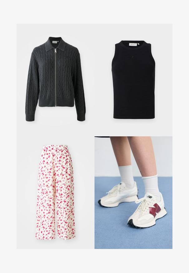 Gilet zippé gris foncé avec un motif en maille torsadée, un col et des poignets et un ourlet côtelés. Il dispose d'une fermeture éclair argentée.; Débardeur noir sans manches en tissu côtelé, avec un col rond et un petit logo à l'avant. Design simple et ajusté.; Pantalons large à plis en tissu blanc, ornés d'un motif floral avec des fleurs roses et rouges. Taille élastique pour le confort.; Une paire de baskets blanches avec des accents bordeaux, des panneaux texturés, une semelle noire plate et des lacets légers, portées avec des chaussettes blanches mi-mollet.