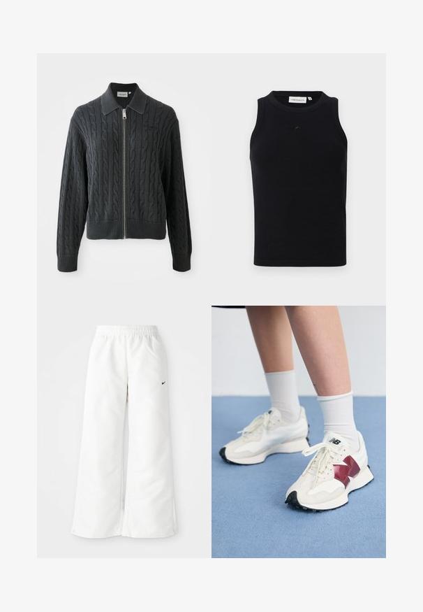 Dark gray zip-up sweater with a cable knit pattern, collared design, and ribbed cuffs and hem. Features a silver zipper closure.; Black sleeveless tank top made of ribbed fabric, featuring a round neckline and a small logo on the front. Simple, fitted design.; White athletic pants with a wide-leg design, elastic waistband, and a small black Nike logo on the left side. Smooth, lightweight material.; Pair of white sneakers with maroon accents, textured panels, flat black outsole, and light laces, worn with white ankle socks.