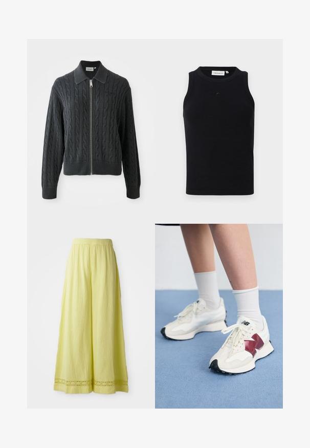 Tmavě šedá svetr na zip s kardanovým vzorem, límcovým designem a žebrovanými manžetami a spodním lemem. Obsahuje stříbrný zip.; Černý bezrukávový top z žebrované tkaniny s kulatým výstřihem a malým logem na přední straně. Jednoduchý, přiléhavý design.; Žluté široké kalhoty vyrobené z texturované tkaniny s elastickým pasem. Mají háčkovaný detail na lemu.; Pár bílých tenisek s vínovými akcenty, texturovanými panely, plochou černou podrážkou a světlými tkaničkami, nošené s bílými kotníkovými ponožkami.