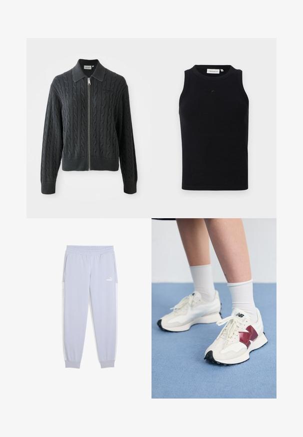 Dunkelgrauer Reißverschluss-Pullover mit einem Zopfmuster, kragenförmigem Design und gerippten Bündchen und Saum. Verfügt über einen silbernen Reißverschluss.; Schwarzes, ärmelloses Tanktop aus geripptem Stoff, mit rundem Halsausschnitt und kleinem Logo auf der Vorderseite. Einfaches, figurschmeichelndes Design.; Helle lila Jogginghosen aus weichem Material, mit einem elastischen Bund, seitlichen Taschen und weißen Streifenakzenten.; Ein Paar weiße Sneakers mit kastanienbraunen Akzenten, strukturierten Paneelen, flacher schwarzer Außensohle und hellen Schnürsenkeln, getragen mit weißen Knöchelsocken.