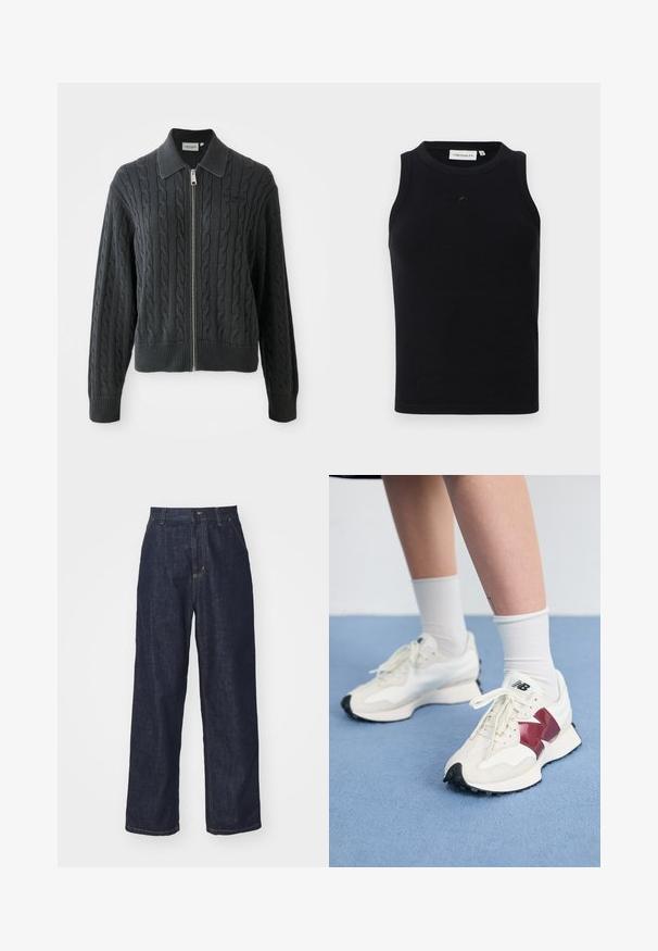 Dunkelgrauer Reißverschluss-Pullover mit einem Zopfmuster, kragenförmigem Design und gerippten Bündchen und Saum. Verfügt über einen silbernen Reißverschluss.; Schwarzes, ärmelloses Tanktop aus geripptem Stoff, mit rundem Halsausschnitt und kleinem Logo auf der Vorderseite. Einfaches, figurschmeichelndes Design.; Dunkelblaue gerade geschnittene Jeans mit Gürtelschlaufen, Frontknopf und Seitentaschen auf einem weißen Hintergrund.; Ein Paar weiße Sneakers mit kastanienbraunen Akzenten, strukturierten Paneelen, flacher schwarzer Außensohle und hellen Schnürsenkeln, getragen mit weißen Knöchelsocken.