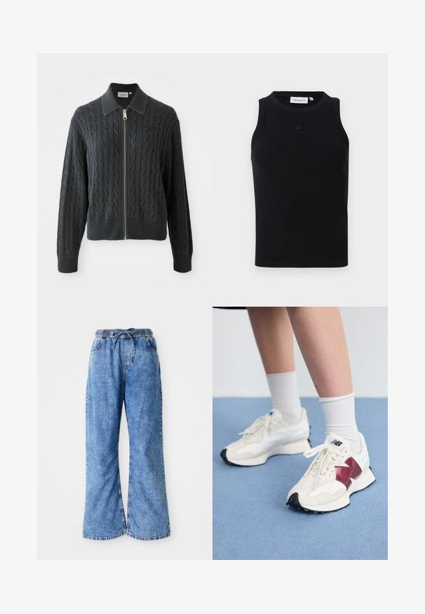 Tummanharmaa vetoketjullinen neulepaita, jossa on sekoituspuuvillasta ja akryylista valmistettu letitetty kuvio, kauluksellinen muotoilu sekä resorit hihoissa ja helmassa. Varustettu hopeanvärisellä vetoketjulla.; Mustapaitainen hihaton toppi, joka on valmistettu ribbikankaasta, jossa on pyöreä kaula-aukko ja pieni logo edessä. Yksinkertainen, vartalonmyötäinen muotoilu.; Vaaleansiniset farkku leveälahkeiset housut, joissa on joustava vyötärö ja naru. Ominaisuuksiin kuuluu kaksoisneulottu sauma ja raakareuna. Taskuja ei ole näkyvissä.; Pari valkoisia tennareita, joissa on maroon-väriset yksityiskohdat, teksturoituja paneleita, litteä musta pohja ja vaaleat nauhat, käytettyinä valkoisten nilkkasukkien kanssa.