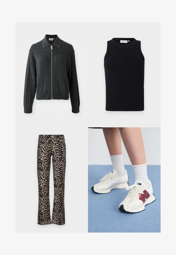 Donkergrijze ritssweater met een kabelpatroon, kraagontwerp en gebreide manchetten en zoom. Voorzien van een zilveren ritssluiting.; Zwarte mouwloze tanktop van ribstof, met een ronde halslijn en een klein logo aan de voorkant. Eenvoudig, nauwsluitend ontwerp.; Luipaardprint broek met een hoge taille, uitlopende benen en een zachte stoftextuur. Kleuren zijn onder andere beige, zwart en donkerbruin.; Een paar witte sneakers met bordeauxrode accenten, getextureerde panelen, een platte zwarte buitenzool en lichte veters, gedragen met witte enkelsokken.