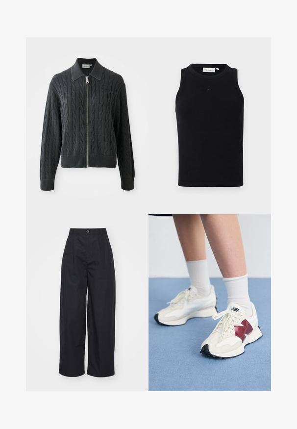 Gilet zippé gris foncé avec un motif en maille torsadée, un col et des poignets et un ourlet côtelés. Il dispose d'une fermeture éclair argentée.; Débardeur noir sans manches en tissu côtelé, avec un col rond et un petit logo à l'avant. Design simple et ajusté.; Pantalons larges noirs en coton. Présentent une taille haute avec une fermeture à bouton et une texture lisse. Pas de motifs ou d'accents visibles.; Une paire de baskets blanches avec des accents bordeaux, des panneaux texturés, une semelle noire plate et des lacets légers, portées avec des chaussettes blanches mi-mollet.