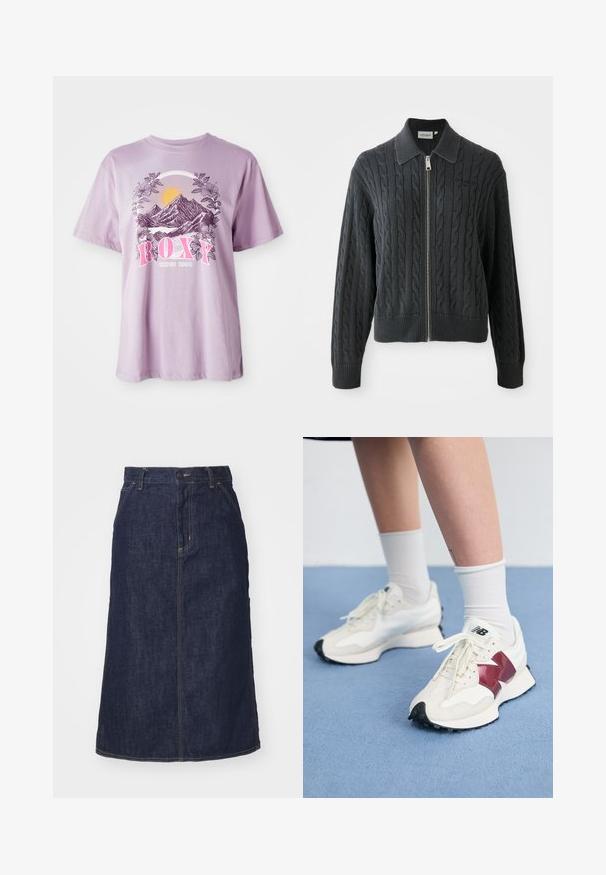 Dunkelgrauer Reißverschluss-Pullover mit einem Zopfmuster, kragenförmigem Design und gerippten Bündchen und Saum. Verfügt über einen silbernen Reißverschluss.; Lila T-Shirt aus Baumwolle, mit einem grafischen Motiv von Bergen, Sonne und Laub. Der Markenname "ROXY" ist auffällig in Pink dargestellt.; Dunkelblaue Jeansrock mit hoher Taille, geradem Schnitt, aufgesetzten Taschen und genähten Nähten. Mit einem Reißverschluss und einem Knopfverschluss an der Taille.; Ein Paar weiße Sneakers mit kastanienbraunen Akzenten, strukturierten Paneelen, flacher schwarzer Außensohle und hellen Schnürsenkeln, getragen mit weißen Knöchelsocken.