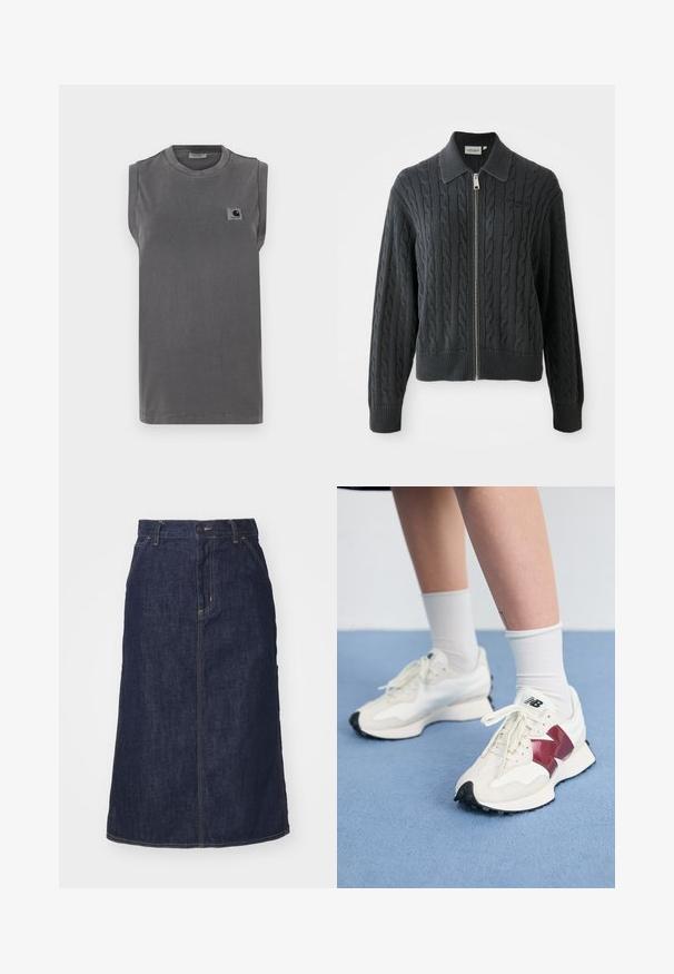 Gilet zippé gris foncé avec un motif en maille torsadée, un col et des poignets et un ourlet côtelés. Il dispose d'une fermeture éclair argentée.; T-shirt sans manches gris en tissu mélangé coton. Présente un col rond et un petit logo brodé sur la zone du cœur à gauche.; Jupe en denim foncé à taille haute, coupe droite, poches avant et coutures surpiquées. Fermeture à glissière et bouton à la taille.; Une paire de baskets blanches avec des accents bordeaux, des panneaux texturés, une semelle noire plate et des lacets légers, portées avec des chaussettes blanches mi-mollet.