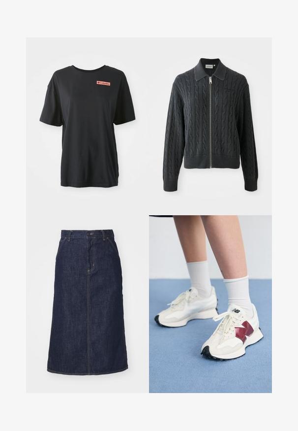 Tumehall hallitaveta kõrge kaelusega sviiter, millel on lõngas õmmeldud muster ja soonikkudumine varrukatel ning allääril. Tootel on hõbedane tõmblukk.; Must have kaelusadega must puuvillane T-särk, vaba lõikega, punase ristküliku kujuline logo vasakul rinnal. Siledad tekstuur ja lihtne disain.; Tume denim.seelik kõrge vöökoha, sirge lõike, esikottide ja õmmeldud õmblustega. Vöökoht on varustatud luku ja nööbiga.; Valge tenniste paar marooni aktsentide, tekstuuriliste paneelide, lame musta tallaga ja heleda nööriga, kantud valgete pahkl sockidega.