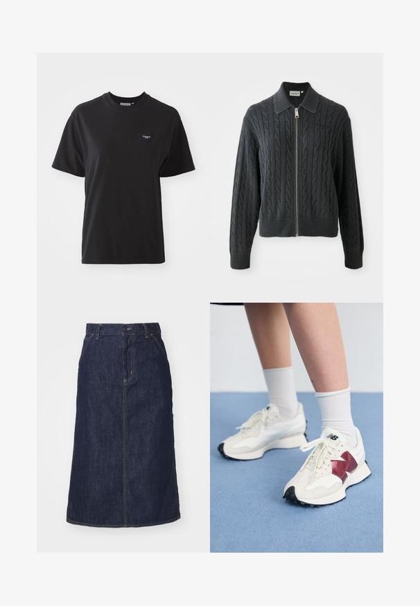 Sudadera con cremallera de color gris oscuro, con un patrón de punto de cable, diseño con cuello y puños y dobladillo acanalados. Presenta un cierre de cremallera plateada.; Camiseta de algodón negra con cuello redondo, mangas cortas y un pequeño logotipo en forma de corazón en la parte superior izquierda. Textura suave, corte relajado.; Falda de mezclilla oscura con cintura alta, corte recto, bolsillos delanteros y costuras cosidas. Presenta un cierre de cremallera y botón en la cintura.; Un par de zapatillas blancas con acentos en color burdeos, paneles texturizados, suela negra plana y cordones claros, llevadas con calcetines blancos hasta el tobillo.