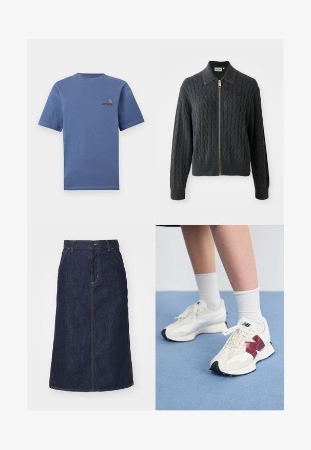 Ciemnoszara bluza na zamek błyskawiczny z wzorem w warkocz, z kołnierzykiem oraz ściągaczami przy mankietach i u dołu. Posiada srebrny zamek błyskawiczny.; Niebieska bawełniana koszulka z krótkim rękawem, z małym czerwono-żółtym logo na piersi. Prosty okrągły dekolt i prosty dół.; Ciemnoniebieska spódnica dżinsowa z wysokim stanem, prostym krojem, przednimi kieszeniami i przeszyciami. Posiada zamek błyskawiczny i guzik w pasie.; Para białych sneakersów z bordowymi akcentami, teksturowanymi panelami, płaską czarną podeszwą i jasnymi sznurowadłami, noszonych z białymi skarpetkami do kostek.