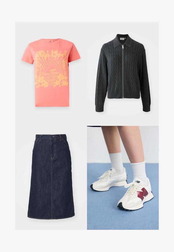 Tumehall hallitaveta kõrge kaelusega sviiter, millel on lõngas õmmeldud muster ja soonikkudumine varrukatel ning allääril. Tootel on hõbedane tõmblukk.; Korallane lühikeste varrukatega t-särk, millel on kollane graafiline kujundus päikese, laine ja lilleelementidega. Valmistatud puuvillast. Klassikaline lõige.; Tume denim.seelik kõrge vöökoha, sirge lõike, esikottide ja õmmeldud õmblustega. Vöökoht on varustatud luku ja nööbiga.; Valge tenniste paar marooni aktsentide, tekstuuriliste paneelide, lame musta tallaga ja heleda nööriga, kantud valgete pahkl sockidega.