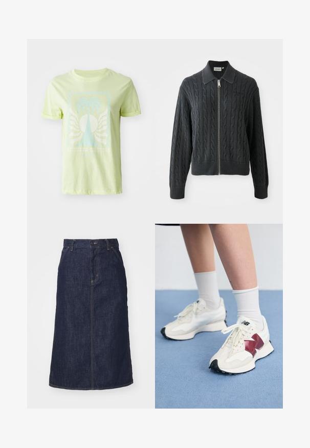 Dunkelgrauer Reißverschluss-Pullover mit einem Zopfmuster, kragenförmigem Design und gerippten Bündchen und Saum. Verfügt über einen silbernen Reißverschluss.; Hellgrünes T-Shirt aus Baumwolle mit einem blauen Palmen-Graphic und dem Text "SOMMERTRÄUME", mit aufgerollten kurzen Ärmeln.; Dunkelblaue Jeansrock mit hoher Taille, geradem Schnitt, aufgesetzten Taschen und genähten Nähten. Mit einem Reißverschluss und einem Knopfverschluss an der Taille.; Ein Paar weiße Sneakers mit kastanienbraunen Akzenten, strukturierten Paneelen, flacher schwarzer Außensohle und hellen Schnürsenkeln, getragen mit weißen Knöchelsocken.