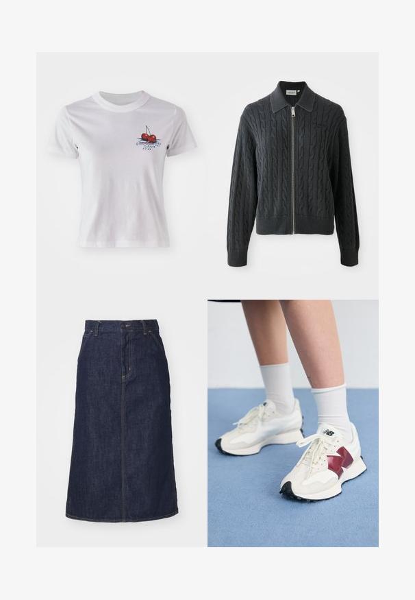 Tummanharmaa vetoketjullinen neulepaita, jossa on sekoituspuuvillasta ja akryylista valmistettu letitetty kuvio, kauluksellinen muotoilu sekä resorit hihoissa ja helmassa. Varustettu hopeanvärisellä vetoketjulla.; Valkoinen puuvillapaita, jossa on kirsikkakuva ja teksti "Conchita WIP" sinisellä. Lyhyet hihat ja pyöreä pääntie.; Tummansininen farkkuhame, jossa on korkea vyötärö, suora leikkaus, etutaskut ja ommellut saumat. Hameessa on vetoketju- ja nappikiinnitys vyötäröllä.; Pari valkoisia tennareita, joissa on maroon-väriset yksityiskohdat, teksturoituja paneleita, litteä musta pohja ja vaaleat nauhat, käytettyinä valkoisten nilkkasukkien kanssa.