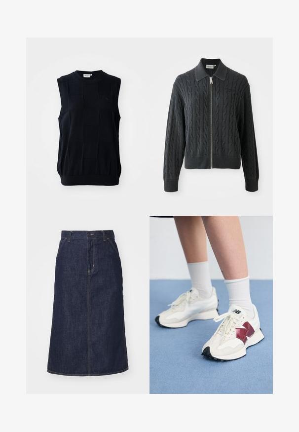 Mørkegrå hettejakke med glidelås og kabelstrikk mønster, krage-design og ribbede mansjetter og kant. Har en sølv glidelås lukking.; Ermeløs strikket topp i mørk marineblå med et strukturert rutemønster. Har rund hals og elastisk kant. Laget av fleksibelt stoff.; Mørk denimskjørt med høy midje, rett snitt, frontlommer og sømmer. Har glidelås og knappeåpning i midjen.; Par med hvite joggesko med bordeaux detaljer, teksturerte paneler, flat svart yttersåle og lette snøringer, iført hvite ankelstrømper.
