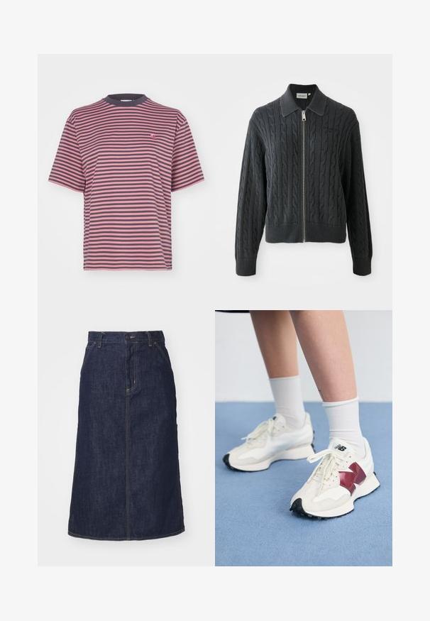 Mørkegrå lynlåstrøje med kabelstrikket mønster, krave-design og ribkantede manchetter og kant. Har en sølv lynlås lukning.; Carhartt WIP VERNER - T-shirts print - graphite/dusty rose; Mørk denimnederdel med høj talje, lige skæring, forlommer og stikninger. Har lynlås og knaplukning i taljen.; Et par hvide sneakers med maroon detaljer, strukturerede paneler, flad sort sål og lyse snørebånd, båret med hvide ankelstrømper.