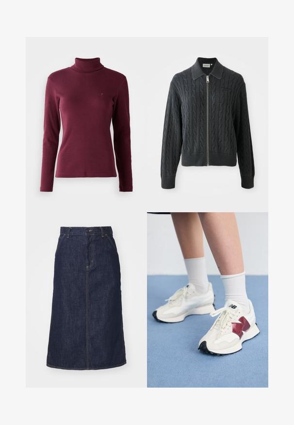 Dunkelgrauer Reißverschluss-Pullover mit einem Zopfmuster, kragenförmigem Design und gerippten Bündchen und Saum. Verfügt über einen silbernen Reißverschluss.; Burgunderfarbener Langarm-Turtleneck-Pullover aus geripptem Stoff, mit einer taillierten Passform und einem kleinen Logo, das auf der Vorderseite gestickt ist.; Dunkelblaue Jeansrock mit hoher Taille, geradem Schnitt, aufgesetzten Taschen und genähten Nähten. Mit einem Reißverschluss und einem Knopfverschluss an der Taille.; Ein Paar weiße Sneakers mit kastanienbraunen Akzenten, strukturierten Paneelen, flacher schwarzer Außensohle und hellen Schnürsenkeln, getragen mit weißen Knöchelsocken.
