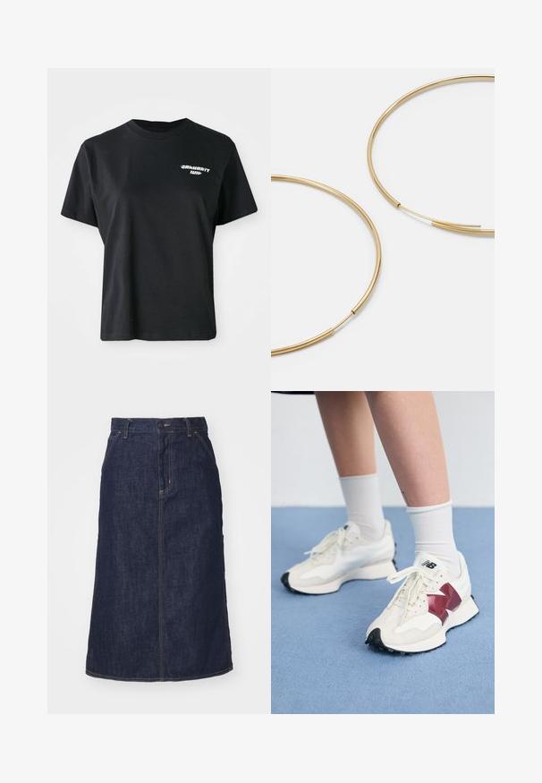 Mørkegrå lynlåstrøje med kabelstrikket mønster, krave-design og ribkantede manchetter og kant. Har en sølv lynlås lukning.; Sort bomulds t-shirt med rund halsudskæring og korte ærmer. Har et hvidt grafisk logo på venstre brystområde.; Mørk denimnederdel med høj talje, lige skæring, forlommer og stikninger. Har lynlås og knaplukning i taljen.; Et par hvide sneakers med maroon detaljer, strukturerede paneler, flad sort sål og lyse snørebånd, båret med hvide ankelstrømper.; Guldfarvede hoops øreringe, tynde og runde i formen, med en glat metallisk finish uden udsmykninger eller mønstre.