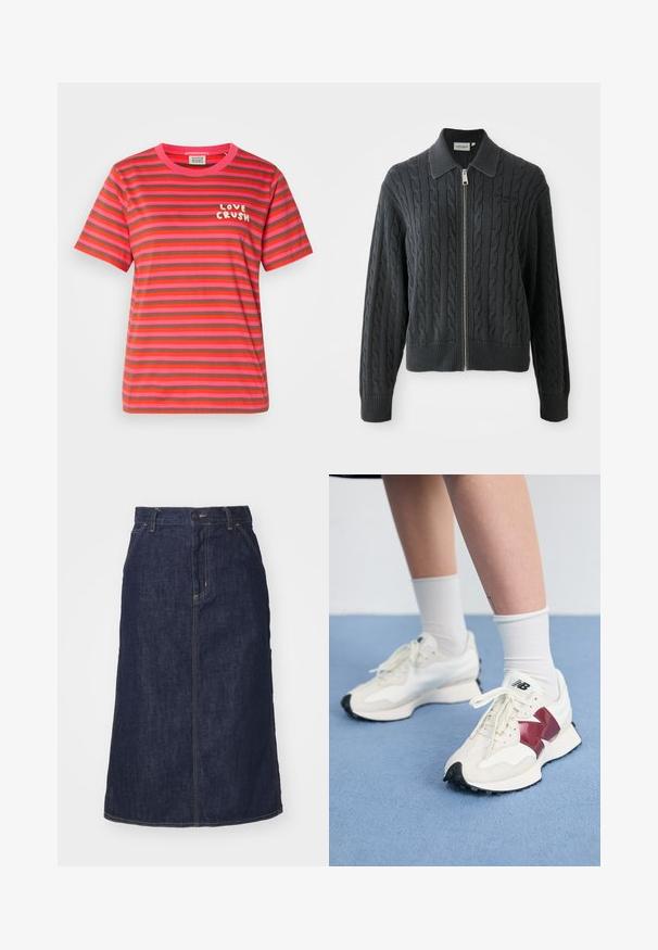 Tamsiai pilkas zip-up megztinis su pynimo raštu, apykaklės dizainu ir suspaustomis rankogaliais bei apatine dalimi. Yra sidabrinė užtrauktuko uždarymo sistema.; Trumpas rankovėmis, apvaliu kaklu marškinėliai rožinės ir rudos horizontalios juostelės. Ant kairiojo krūtinės ploto yra užrašas "MEILĖS ĮSIMYLĖJIMAS" baltos spalvos.; Tamsiai mėlynas džinsinis sijonas su aukštu liemeniu, tiesiu kirpimu, priekinėmis kišenėmis ir siūlėmis. Turi užtrauktuką ir sagą liemenyje.; Balti sportbačiai su bordo akcentais, tekstūriniais paviršiais, plokščiomis juodomis pado dalimis ir šviesiomis raišteliais, dėvimi su baltais kulkšnų ponoškais.