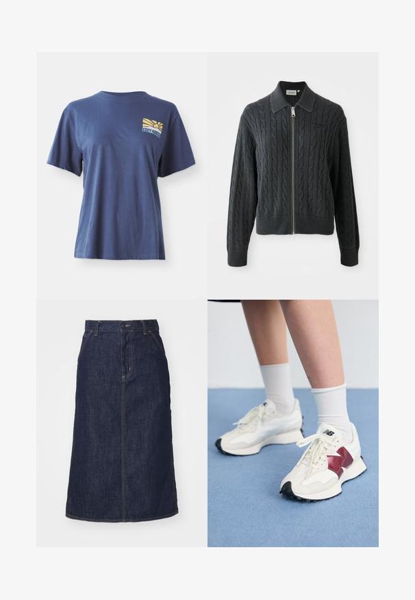 Pullover cinza escuro com fecho de zip, padrão de malha trançada, design com gola e punhos e bainha canelados. Apresenta um fecho de zipper prateado.; T-shirt de algodão azul marinho com mangas curtas, apresentando um gráfico de nascer do sol amarelo e azul no lado esquerdo do peito, rotulado "ROXY PARADISE."; Saia de ganga escura de cintura alta, corte reto, com bolsos frontais e costuras aparadas. Apresenta um fecho de correr e botão na cintura.; Par de tênis brancos com detalhes em bordô, painéis texturizados, sola preta lisa e atacadores claros, usados com meias brancas até ao tornozelo.