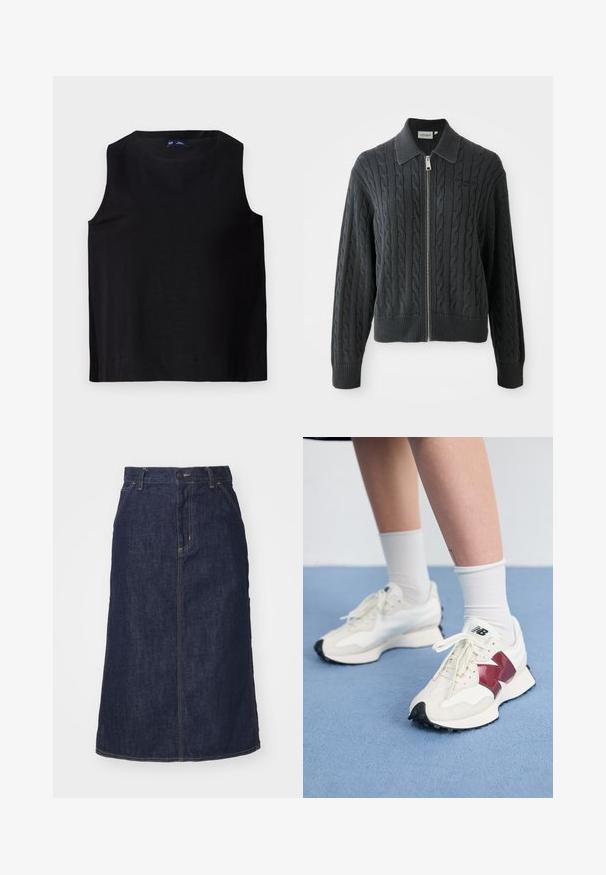 Tumehall hallitaveta kõrge kaelusega sviiter, millel on lõngas õmmeldud muster ja soonikkudumine varrukatel ning allääril. Tootel on hõbedane tõmblukk.; Musthae sinise varrukateta topp, ümmarguse kaelusega, valmistatud siledast kangast. Omab sirget lõiget ja puhtaid ääri, minimalistik disain.; Tume denim.seelik kõrge vöökoha, sirge lõike, esikottide ja õmmeldud õmblustega. Vöökoht on varustatud luku ja nööbiga.; Valge tenniste paar marooni aktsentide, tekstuuriliste paneelide, lame musta tallaga ja heleda nööriga, kantud valgete pahkl sockidega.