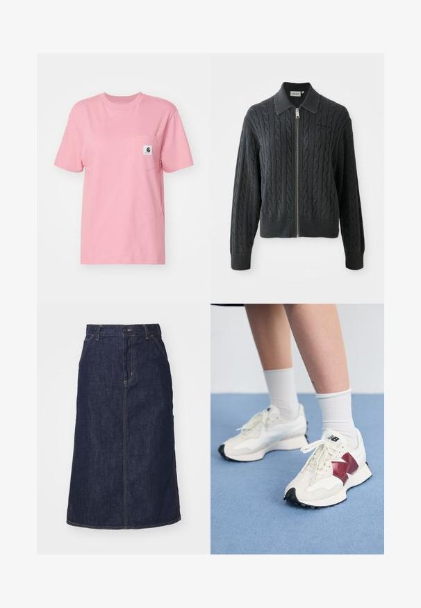 Ciemnoszara bluza na zamek błyskawiczny z wzorem w warkocz, z kołnierzykiem oraz ściągaczami przy mankietach i u dołu. Posiada srebrny zamek błyskawiczny.; Carhartt WIP - T-shirt basic; Ciemnoniebieska spódnica dżinsowa z wysokim stanem, prostym krojem, przednimi kieszeniami i przeszyciami. Posiada zamek błyskawiczny i guzik w pasie.; Para białych sneakersów z bordowymi akcentami, teksturowanymi panelami, płaską czarną podeszwą i jasnymi sznurowadłami, noszonych z białymi skarpetkami do kostek.