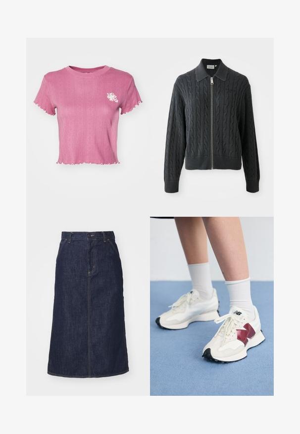 Sötét szürke cipzáros pulóver, gabalyos kötésmintával, galléros kivitelben, bordázott mandzsetta- és alsó szegéllyel. Ezüst cipzáras záródással rendelkezik.; Rózsaszín, rövidített póló bordázott textúrával és hullámos széllel. A bal mellen fehér virágmintázat található. Könnyű anyag.; Sötét farmer szoknya magas derékkal, egyenes szabással, elülső zsebekkel és varrott varrásokkal. A deréknál cipzáros és gombos záródással rendelkezik.; Fehér sneaker pár, bordó kiegészítőkkel, texturált panelekkel, lapos fekete talppal és világos fűzőkkel, fehér bokazoknival viselve.