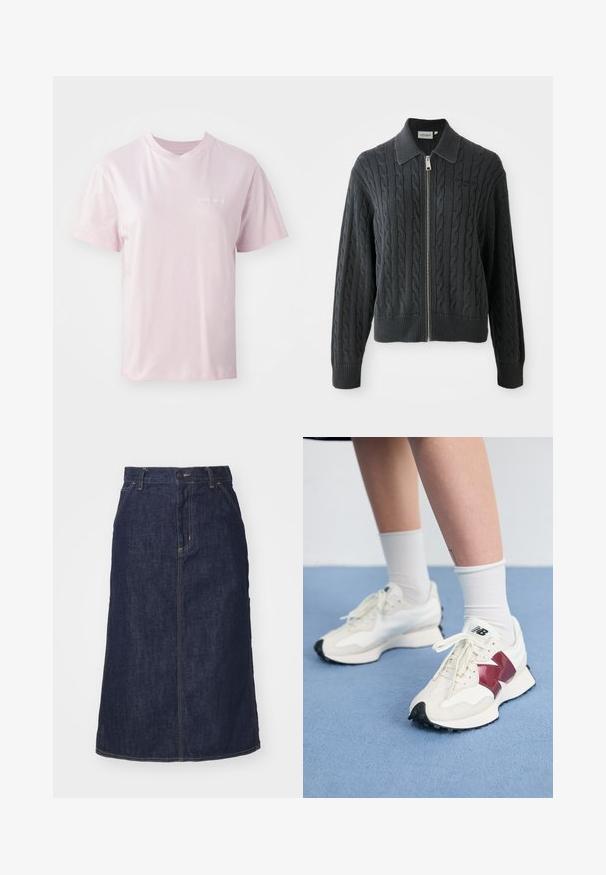 Maglione zip-up grigio scuro con motivo a treccia, design con colletto e polsini e orlo a coste. Presenta una chiusura con zip argentata.; Maglietta in cotone rosa chiaro con scollo rotondo, maniche corte e un logo sottile stampato in bianco sulla parte sinistra del petto.; Gonna di jeans scuro con vita alta, taglio dritto, tasche frontali e cuciture a vista. Presenta una chiusura con zip e bottone in vita.; Paio di sneakers bianche con accenti bordeaux, pannelli testurizzati, suola piatta nera e lacci leggeri, indossati con calzini bianchi alla caviglia.