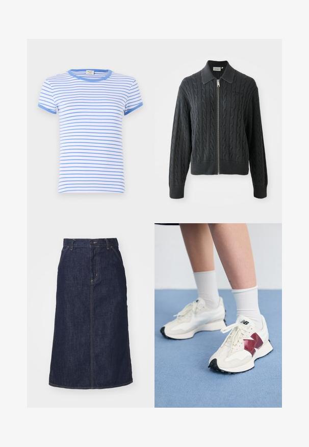 Tumši pelēks jaku ar rāvējslēdzēju, ar kabelveida adījumu, apkakles dizainu un ribotiem piedurknēm un apakšmalu. Iespēja ar sudraba rāvējslēdzēja aizdari.; Īsām piedurkņu T-kreklu baltā krāsā ar šaurām zilām svītrām. Ribota zilā apkakle un aproces; mīksta kokvilnas auduma un standarta piegriezums.; Tumša zila džinsu svārku ar augstu jostasvietu, taisnu piegriezumu, priekšējām kabatām un šuvēm. Iekļauta rāvējslēdzēja un pogas aizdare jostasvietā.; Balti sporta apavi ar tumši sarkaniem akcentiem, teksturētām detaļām, plakanu melnu zoli un gaišajām šņorēm, valkāti ar baltām potīšu zeķēm.