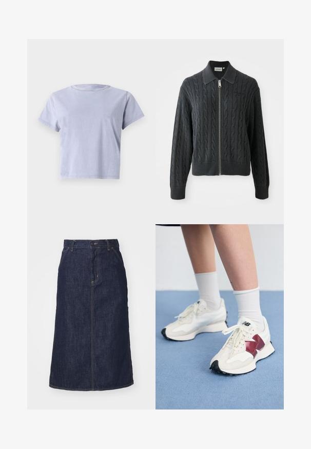 Dark gray zip-up sweater with a cable knit pattern, collared design, and ribbed cuffs and hem. Features a silver zipper closure.; Short-sleeve, crew-neck t-shirt in light lavender. Made of soft cotton, featuring a relaxed fit and plain design without patterns or embellishments.; Dark denim skirt with a high waist, straight cut, front pockets, and stitched seams. Features a zip and button closure at the waist.; Pair of white sneakers with maroon accents, textured panels, flat black outsole, and light laces, worn with white ankle socks.