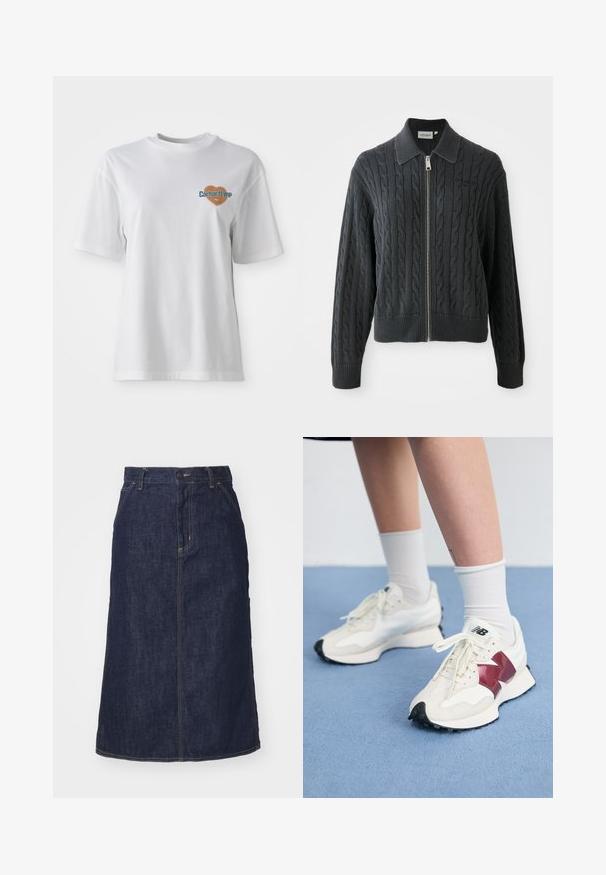 Tummanharmaa vetoketjullinen neulepaita, jossa on sekoituspuuvillasta ja akryylista valmistettu letitetty kuvio, kauluksellinen muotoilu sekä resorit hihoissa ja helmassa. Varustettu hopeanvärisellä vetoketjulla.; Carhartt WIP GROWTH - Printtipaita - white stone washed; Tummansininen farkkuhame, jossa on korkea vyötärö, suora leikkaus, etutaskut ja ommellut saumat. Hameessa on vetoketju- ja nappikiinnitys vyötäröllä.; Pari valkoisia tennareita, joissa on maroon-väriset yksityiskohdat, teksturoituja paneleita, litteä musta pohja ja vaaleat nauhat, käytettyinä valkoisten nilkkasukkien kanssa.
