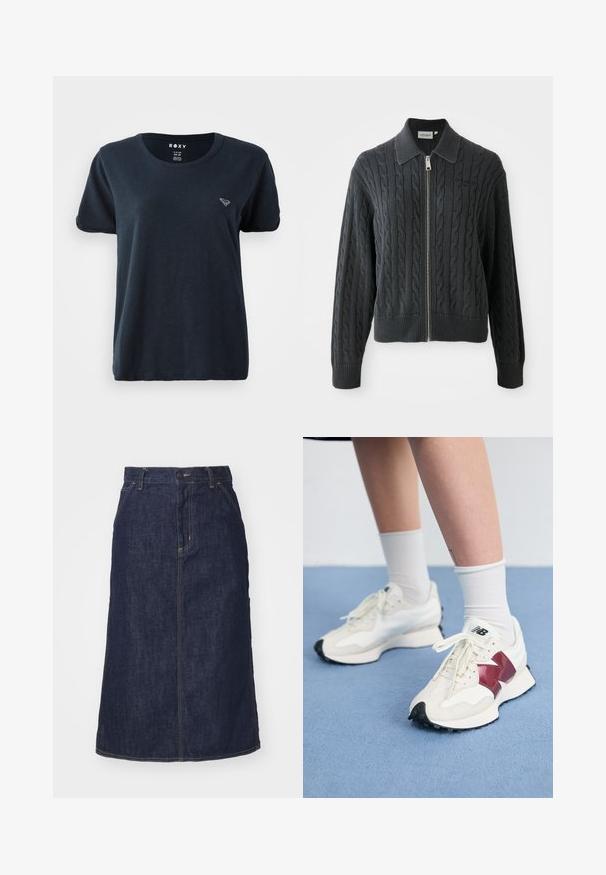 Dark gray zip-up sweater with a cable knit pattern, collared design, and ribbed cuffs and hem. Features a silver zipper closure.; Navy blue short-sleeve T-shirt made of soft fabric, featuring a round neckline and a small logo on the left chest. Simple and casual design.; Dark denim skirt with a high waist, straight cut, front pockets, and stitched seams. Features a zip and button closure at the waist.; Pair of white sneakers with maroon accents, textured panels, flat black outsole, and light laces, worn with white ankle socks.