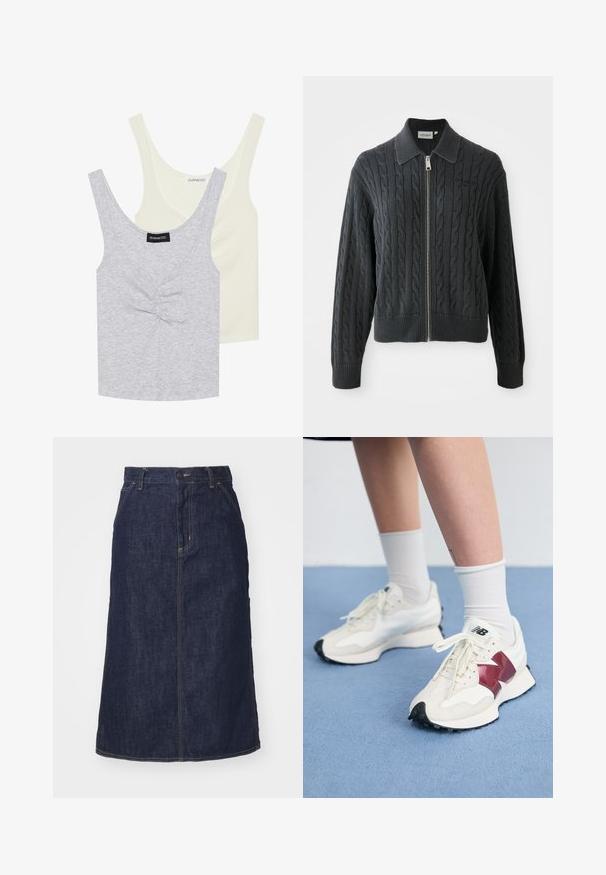 Mørkegrå hettejakke med glidelås og kabelstrikk mønster, krage-design og ribbede mansjetter og kant. Har en sølv glidelås lukking.; To tanktopper: en lysegrå med et teksturert mønster og frontknapper, og en ensfarget kremfarget. Begge har brede stropper og en rund utringning.; Mørk denimskjørt med høy midje, rett snitt, frontlommer og sømmer. Har glidelås og knappeåpning i midjen.; Par med hvite joggesko med bordeaux detaljer, teksturerte paneler, flat svart yttersåle og lette snøringer, iført hvite ankelstrømper.