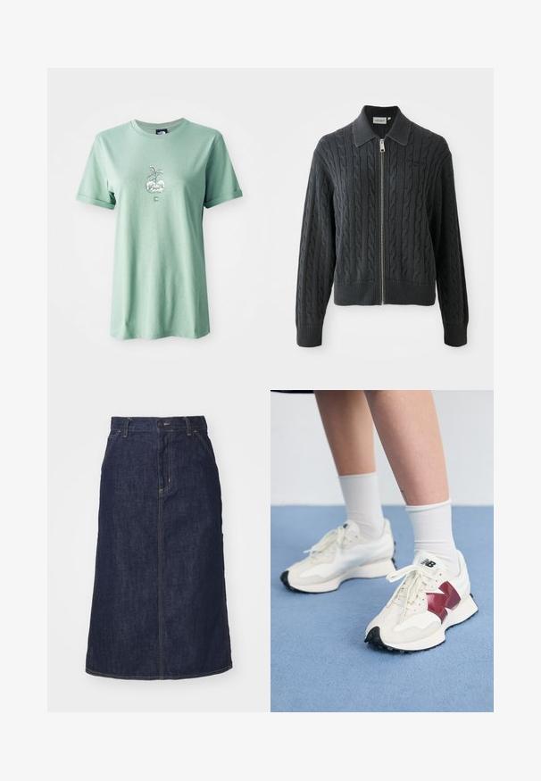 Tamnosivi pulover sa patentnim zatvaranjem, izrađen od pletiva u obliku kablova, s ovratnikom i rebrastim manžetama i donjim rubom. Ima srebrni patentni zatvarač.; Svijetlozelena pamučna majica s kratkim roliranim rukavima, s centralnom grafikom biljke u okrugloj saksiji, logotipom na donjem prednjem dijelu.; Tamni traper suknja s visokim strukom, ravnog kroja, prednjim džepovima i šavovima. Ima zatvarač i dugme na struku.; Par bijelih tenisica s maroon akcentima, teksturiranim panelima, ravnim crnim potplatom i svijetlim vezicama, nošene s bijelim čarapama do gležnjeva.