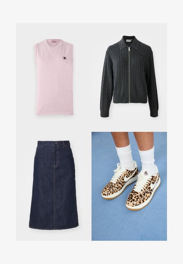 Ciemnoszara bluza na zamek błyskawiczny z wzorem w warkocz, z kołnierzykiem oraz ściągaczami przy mankietach i u dołu. Posiada srebrny zamek błyskawiczny.; Jasnoróżowy bezrękawnik wykonany z miękkiej tkaniny, z okrągłym dekoltem i małą, kwadratową naszywką z logo na lewej piersi.; Ciemnoniebieska spódnica dżinsowa z wysokim stanem, prostym krojem, przednimi kieszeniami i przeszyciami. Posiada zamek błyskawiczny i guzik w pasie.; Sneakers Nike Air Force 1 w print w panterę, z białymi sznurowadłami i znakiem swoosh, z tanowym gumowym spodem i fakturowaną cholewką. Widoczne białe skarpetki.