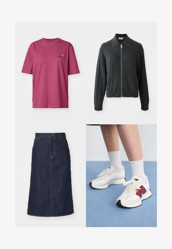 Pullover cinza escuro com fecho de zip, padrão de malha trançada, design com gola e punhos e bainha canelados. Apresenta um fecho de zipper prateado.; Carhartt WIP AMERICAN SCRIPT - T-shirt básica - dusty fuchsia; Saia de ganga escura de cintura alta, corte reto, com bolsos frontais e costuras aparadas. Apresenta um fecho de correr e botão na cintura.; Par de tênis brancos com detalhes em bordô, painéis texturizados, sola preta lisa e atacadores claros, usados com meias brancas até ao tornozelo.