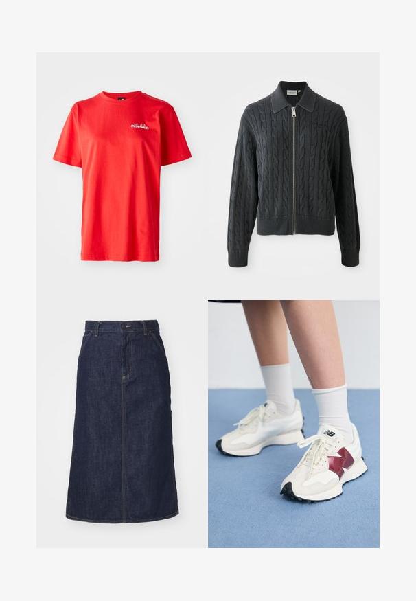 Mørkegrå lynlåstrøje med kabelstrikket mønster, krave-design og ribkantede manchetter og kant. Har en sølv lynlås lukning.; Rød bomulds t-shirt med korte ærmer, rund hals og et lille hvidt logo på brystet. Glat tekstur med en klassisk pasform.; Mørk denimnederdel med høj talje, lige skæring, forlommer og stikninger. Har lynlås og knaplukning i taljen.; Et par hvide sneakers med maroon detaljer, strukturerede paneler, flad sort sål og lyse snørebånd, båret med hvide ankelstrømper.