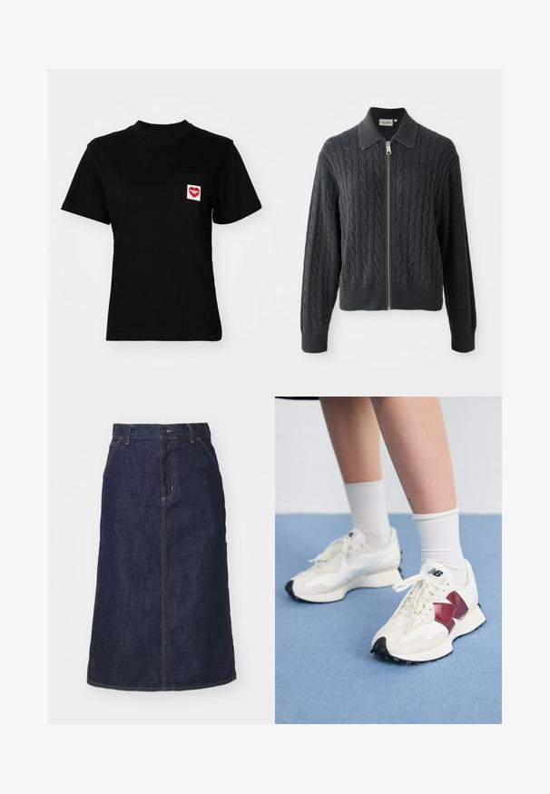 Dark gray zip-up sweater with a cable knit pattern, collared design, and ribbed cuffs and hem. Features a silver zipper closure.; Black cotton t-shirt with a crew neckline and short sleeves. Features a front pocket with a red heart logo and white text.; Dark denim skirt with a high waist, straight cut, front pockets, and stitched seams. Features a zip and button closure at the waist.; Pair of white sneakers with maroon accents, textured panels, flat black outsole, and light laces, worn with white ankle socks.