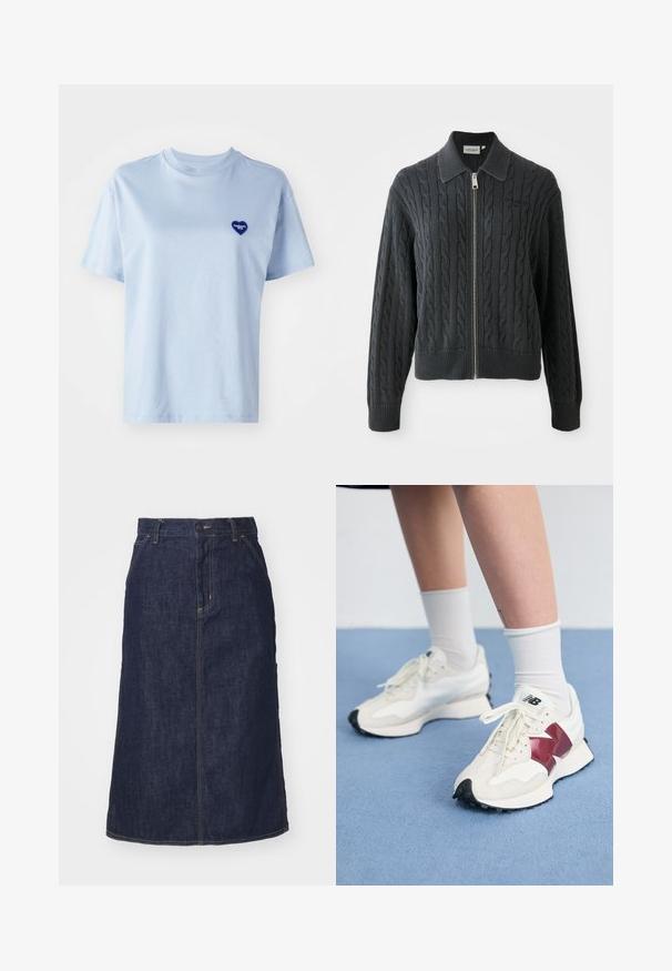 Sudadera con cremallera de color gris oscuro, con un patrón de punto de cable, diseño con cuello y puños y dobladillo acanalados. Presenta un cierre de cremallera plateada.; Camiseta de manga corta azul claro hecha de algodón suave, con un pequeño logotipo de corazón azul en el lado izquierdo del pecho. Cuello redondo, corte relajado.; Falda de mezclilla oscura con cintura alta, corte recto, bolsillos delanteros y costuras cosidas. Presenta un cierre de cremallera y botón en la cintura.; Un par de zapatillas blancas con acentos en color burdeos, paneles texturizados, suela negra plana y cordones claros, llevadas con calcetines blancos hasta el tobillo.